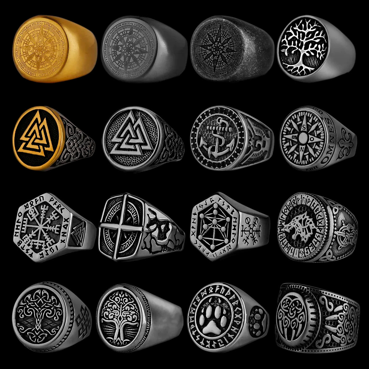 Nordic Viking Stainless Steel Ring Anchor Compass Tree of Life