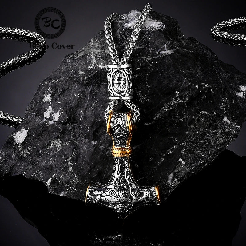 Norse Vikings Thor's Hammer Mjolnir Scandinavian Rune Amulet Necklace Stainless Steel