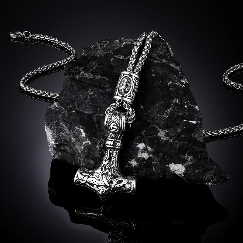Norse Vikings Thor's Hammer Mjolnir Scandinavian Rune Amulet Necklace Stainless Steel